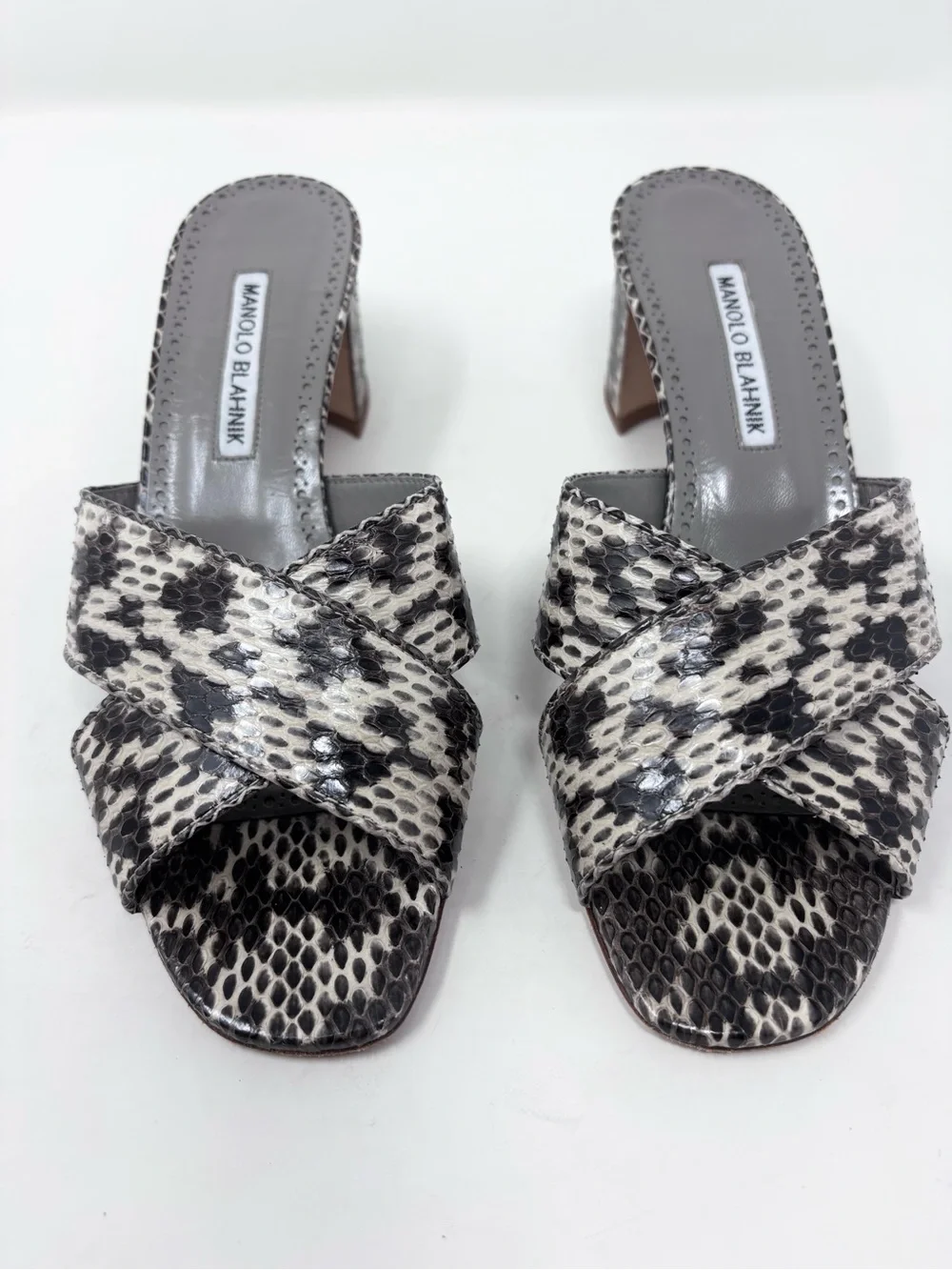 Manolo Blahnik Otawi Snakeskin Leather Crisscross Mule Sandal Black Cream 39.5